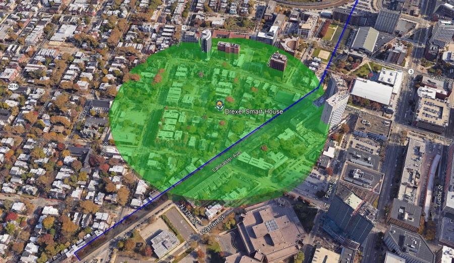 The network coverage of the DragonHome Network. The coverage spans a 200 meter radius, covering parts of both Powelton Village and University city in its current spot.